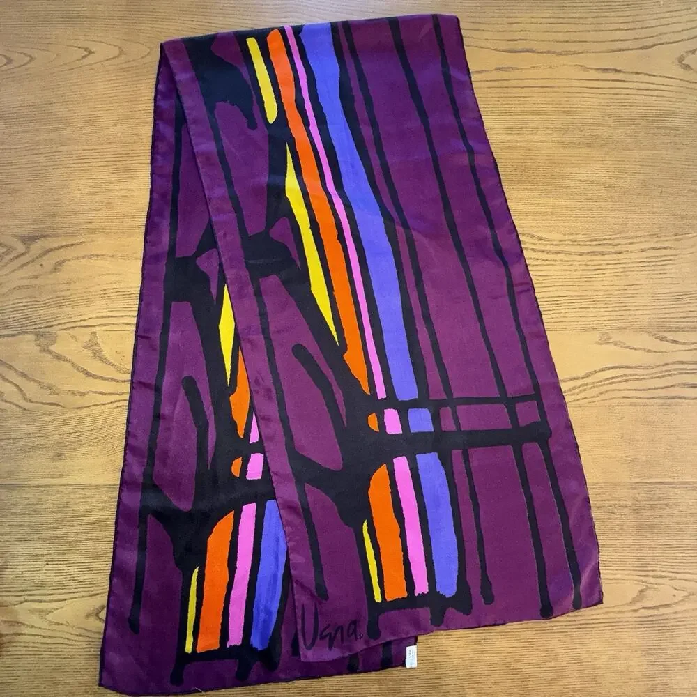 STRIKING Vera Neumann Silk Scarf Long Hand Rolled Japan Signed Abstract 62 X 14